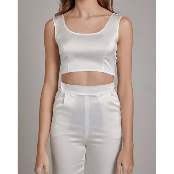 NWT Size L COSHEROOM Off-White 2pc Silk set Crop top and Pants - Picture 3 of 15